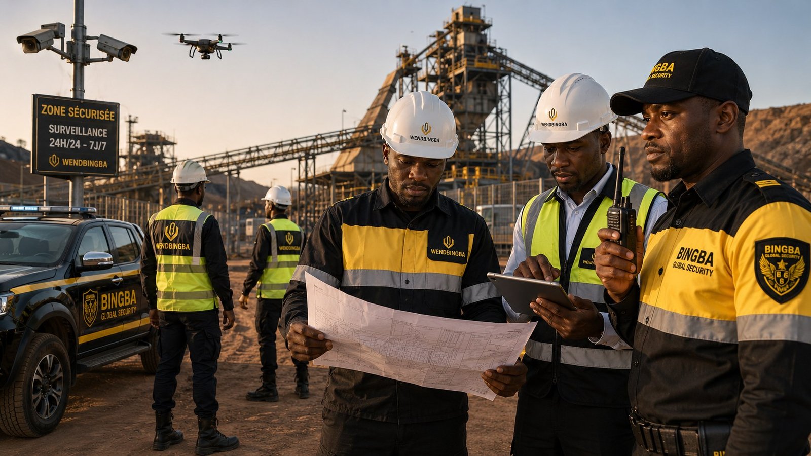 Équipe WENDBINGBA sur un site minier — surveillance, drone et vidéosurveillance